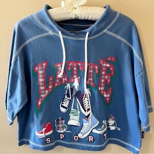 Vintage Latte Sport Cropped Graphic Tee T Shirt Top Womens Medium Blue 90s READ